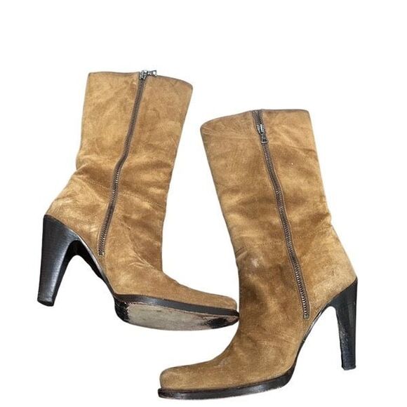 PRADA Boots Shoes Leather Suede British Tan Brown Zip Up Mid Calf Luxury Designe - Picture 1 of 11